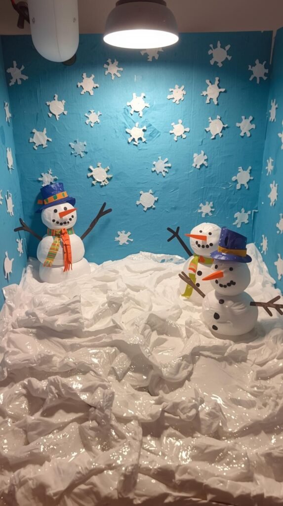 Construction paper with puffy paint snowmen and snowy hills, thick textured white puffy paint.