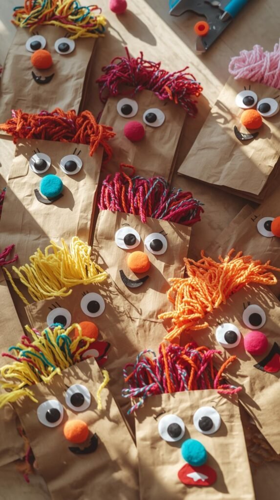 Cute kids’ paper bag puppets with yarn hair, foam features, and googly eyes, spread across a craft table, warm playful vibe.