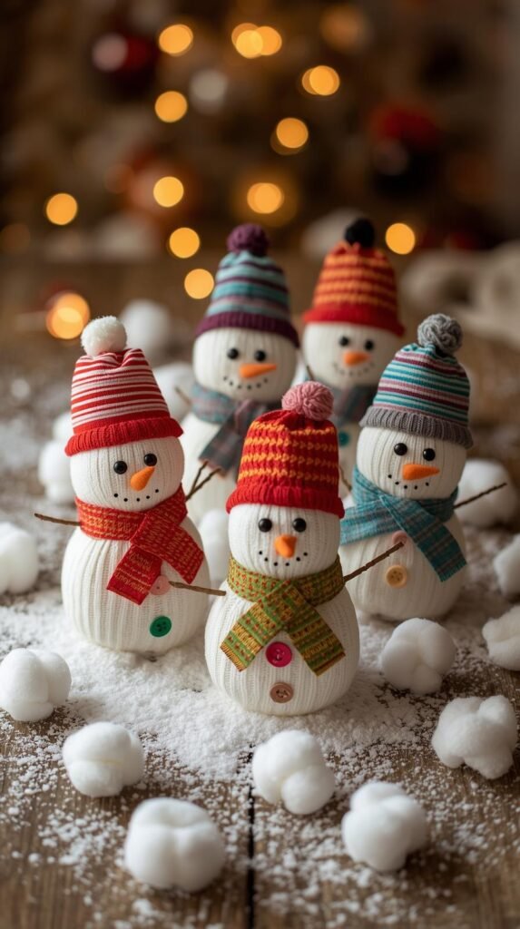 Cute no-sew sock snowmen with button eyes, ribbon scarves, and little sock hats, displayed on a cozy winter surface with cotton “snow,” charming homemade.