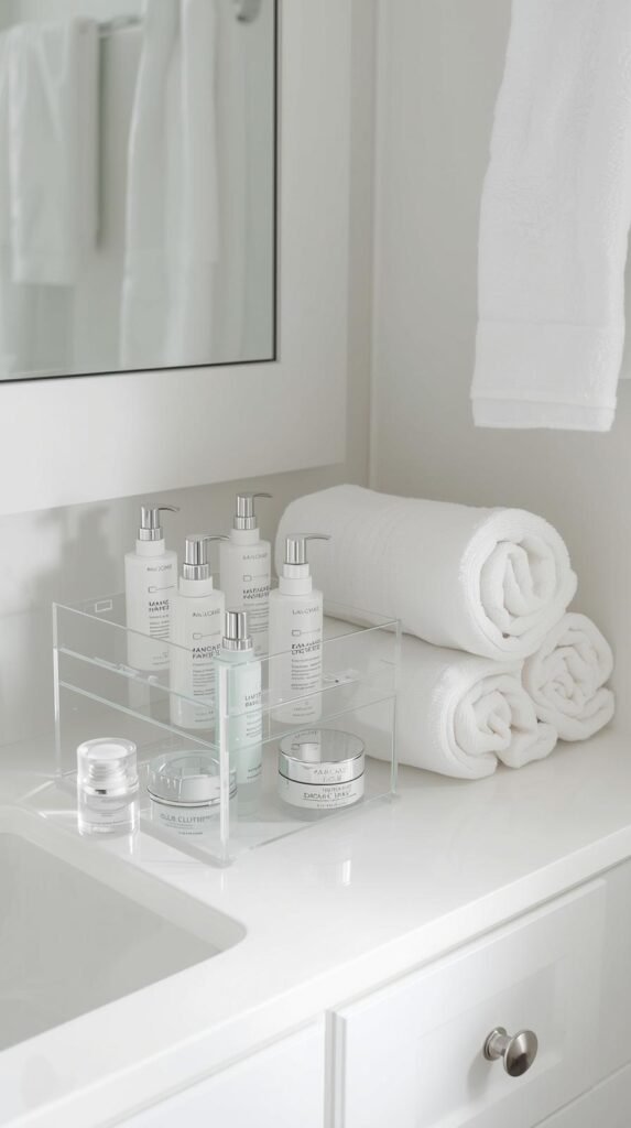 Decluttered bathroom vanity with acrylic organizers, minimal skincare displayed, rolled towels, soft neutral tones, bright clean lighting.