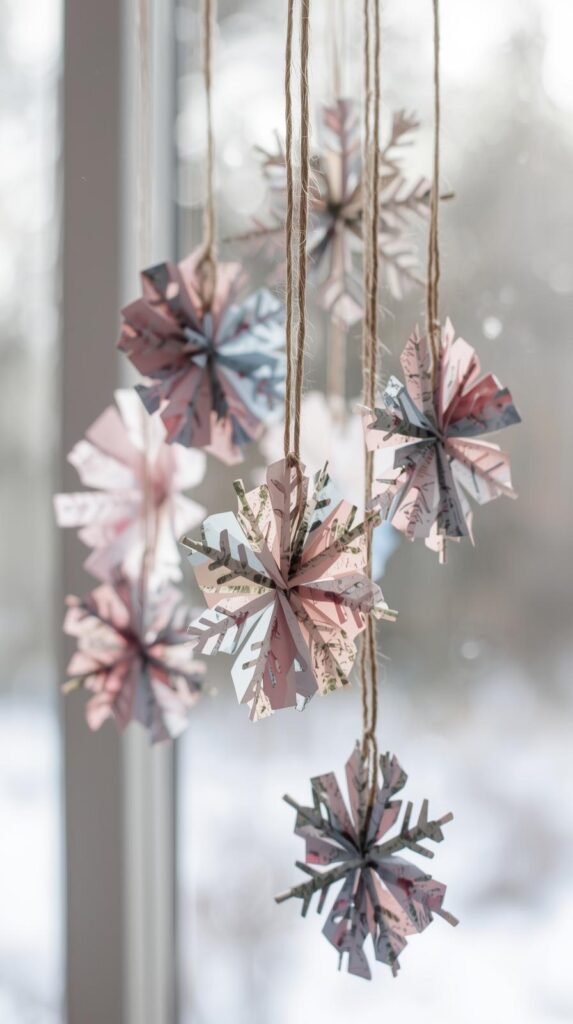 Delicate paper snowflakes made from wrapping paper and tissue scraps hanging on twine, soft winter window light in the background
