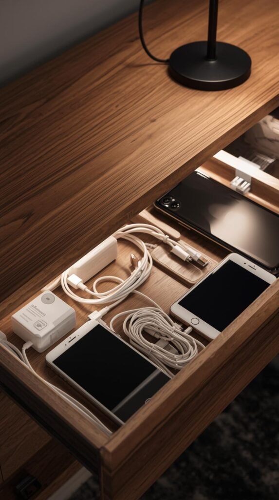 Drawer slightly open showing organized interior with hidden charging station, phones tablets neatly arranged, sleek USB hub, clean cables.