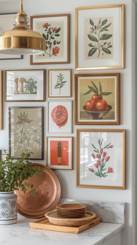 Eclectic kitchen gallery wall vignette with mixed frames, botanical prints, vintage food art, and modern pops of color; warm brass accents; soft natural light; curated layered look; artistic, bright, modern eclectic styling.
