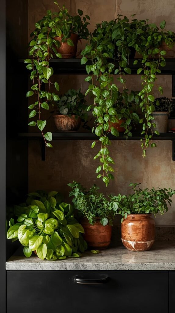 Eclectic kitchen styling moment with lush greenery, trailing plants, herbs in ceramic pots, and natural textures; warm light hitting fresh foliage.