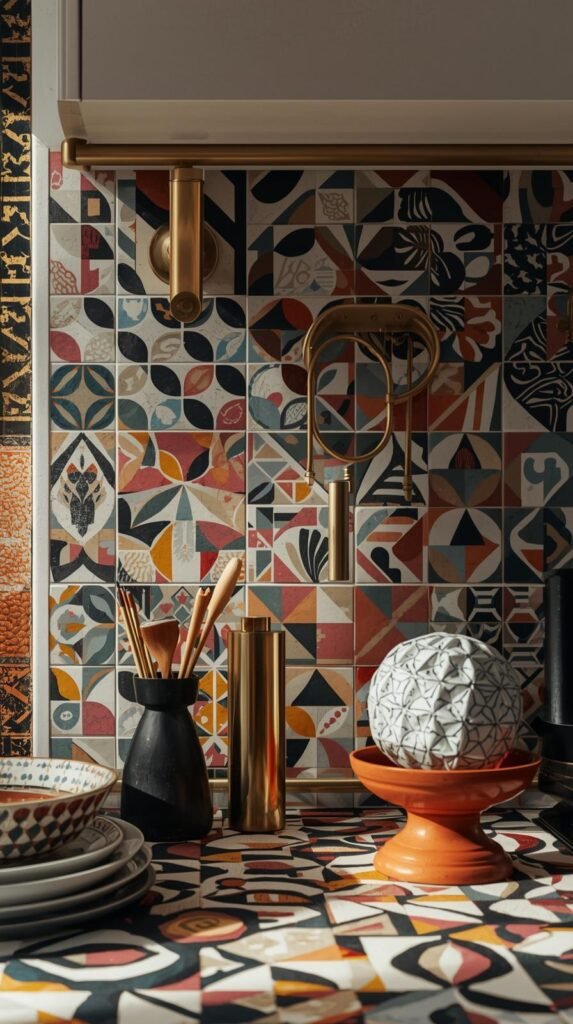 Eclectic modern kitchen detail scene showing bold patterns—textured tile, patterned rug, or graphic dishware; mix of vibrant colors and natural materials.