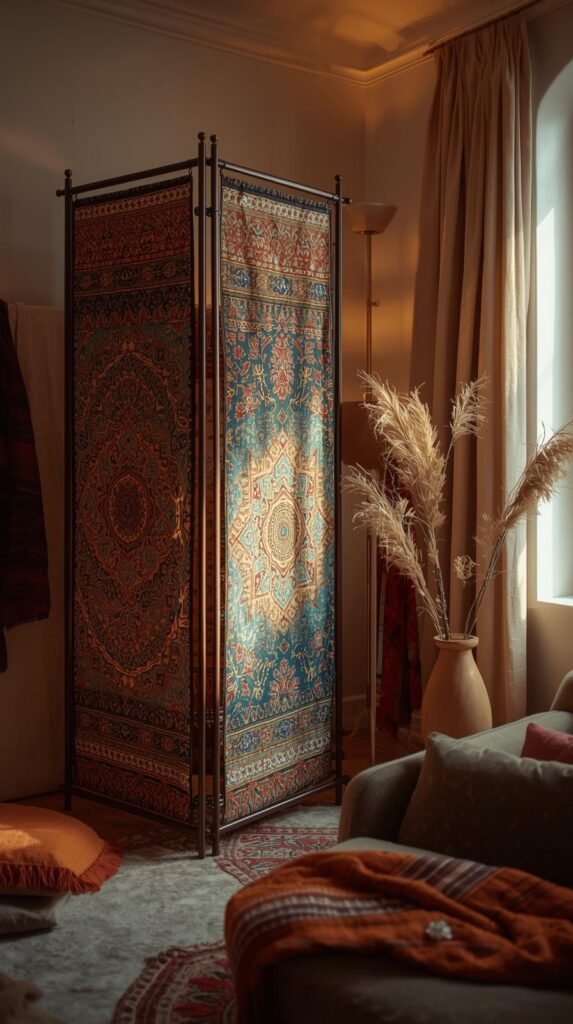 Fabric panel room divider stretched across lightweight frames, bold boho prints and textured fabrics.