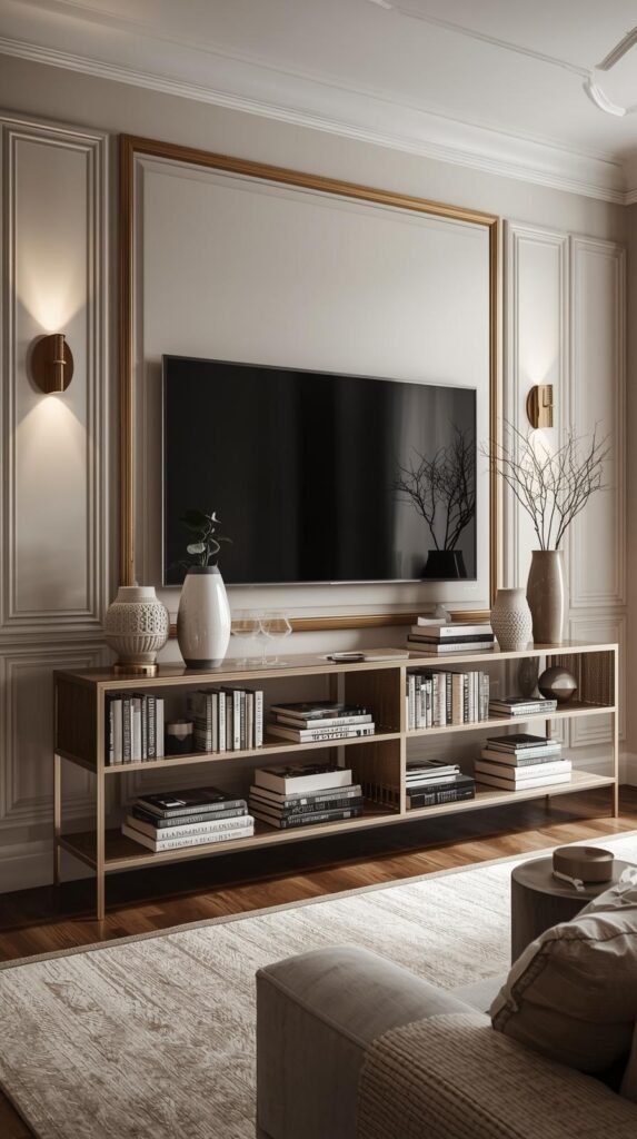 Finished framed TV wall styled with wall sconces, console decor, books, and ceramic vases, balanced and cohesive living room design.