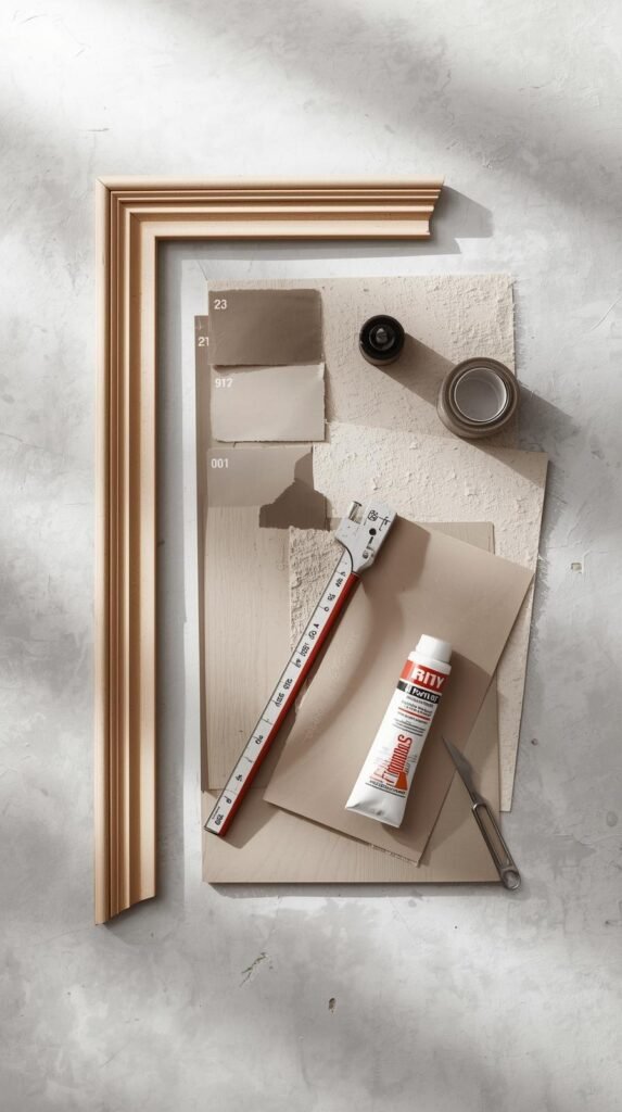 Flat lay of DIY TV frame materials including MDF trim boards, sandpaper, paint samples, caulk, and measuring tools on a neutral surface, soft shadows, clean and minimal styling.