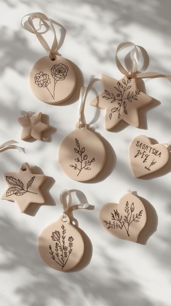 Flat lay of air dry clay ornaments with botanical and alphabet stamp impressions. Shapes like circles, stars, and hearts. Ribbon loops attached. Clean white background, natural shadows, soft cozy holiday or year-round aesthetic.
