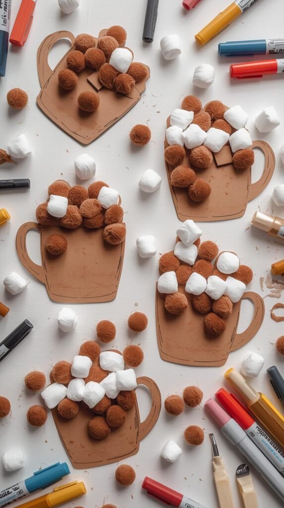 Flat-lay of paper mug cutouts filled with glued-on brown and white pom-poms to look like hot cocoa and marshmallows.