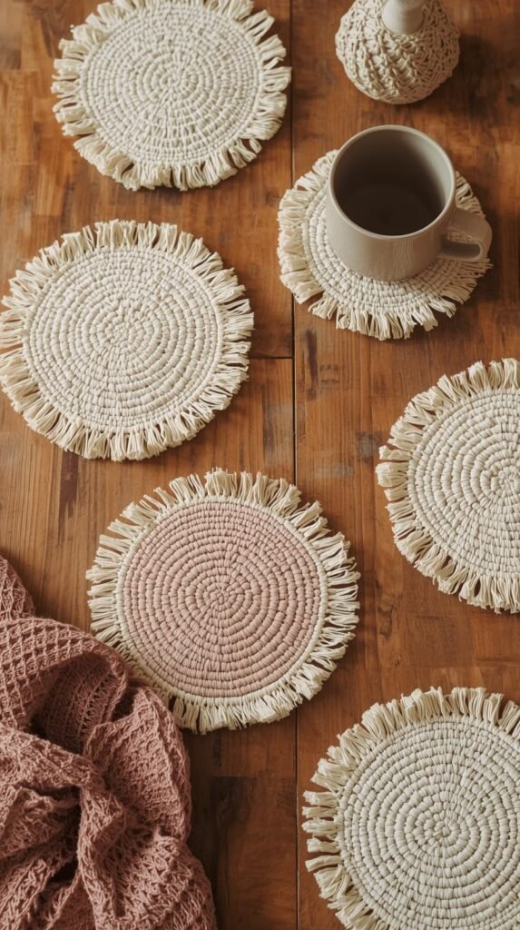 Flat lay of round macrame coasters in cream and soft color tones, fringe edges brushed neatly.