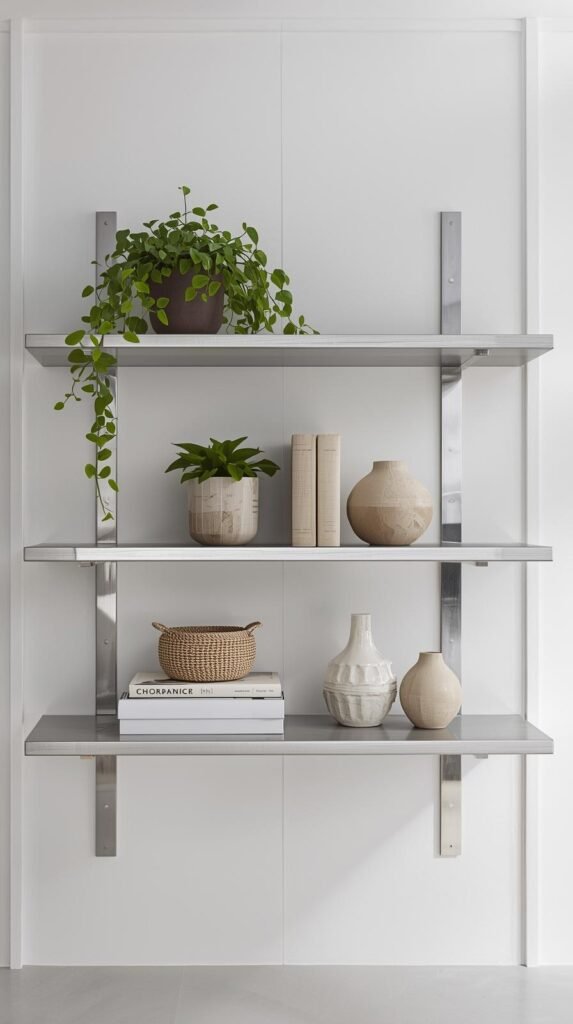 Floating shelves supported by polished chrome brackets, styled with minimal decor such as plants, linen books, and small ceramic pieces.
