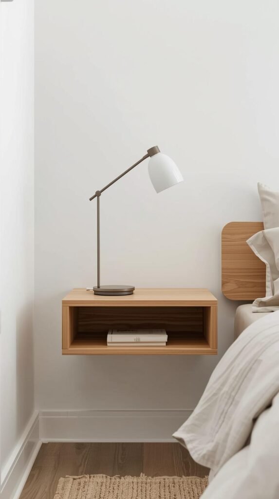 Floating wood nightstand mounted to the wall, minimal Scandinavian styling, light wood tones.