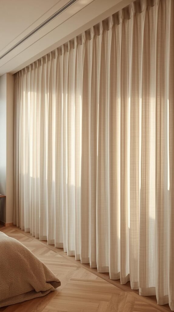 Floor-length curtain wall divider in a studio apartment, soft flowing linen curtains hanging from a ceiling track.