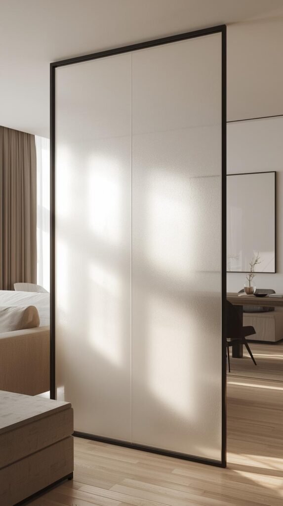 Frosted acrylic panel divider in a bright studio apartment, soft diffused light glowing through the translucent panels, slim black metal frame.