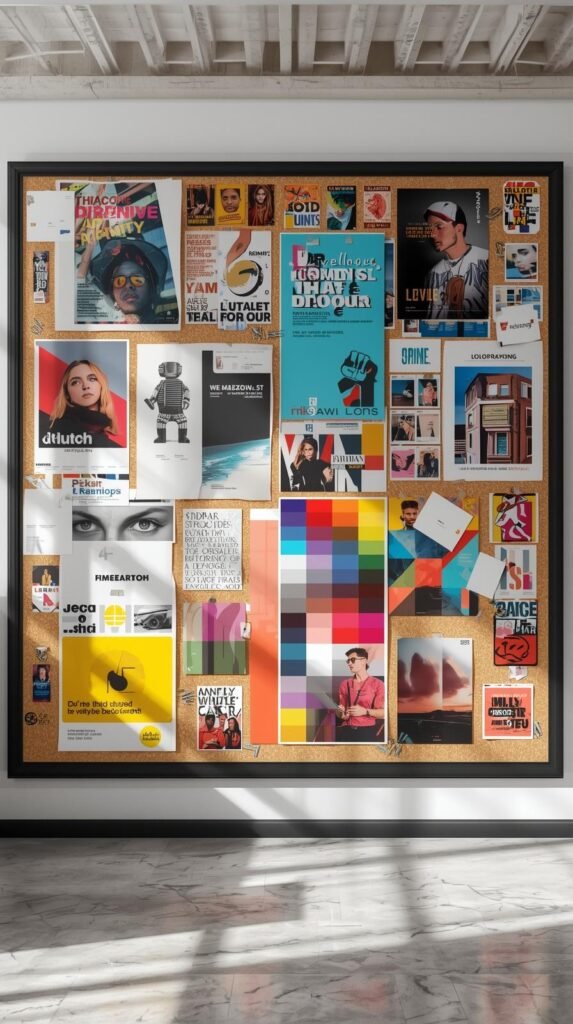 Full wall-sized corkboard covered with large prints, posters, stickers, and color mood board sections, bold and inspiring layout.