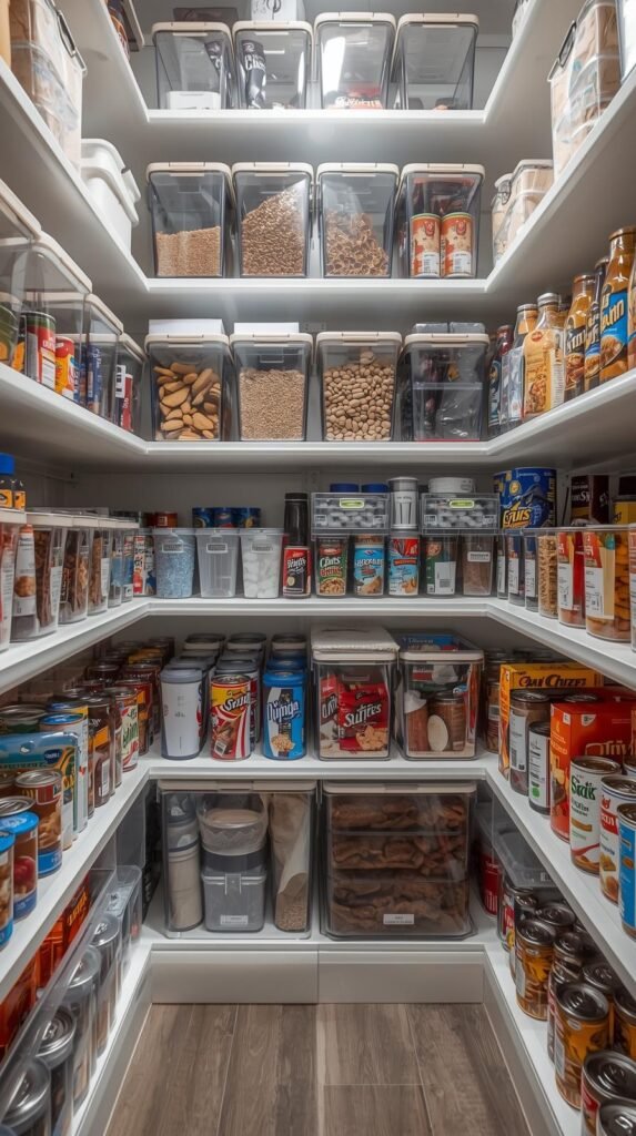 Fully organized pantry with clear bins, labeled containers, can organizers, and neatly arranged snacks and dry goods, bright shelves.