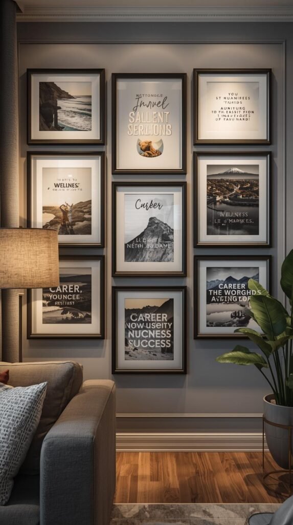 Gallery wall featuring framed photos and quotes representing goals like travel, wellness, career, and finances, mixed frame sizes.