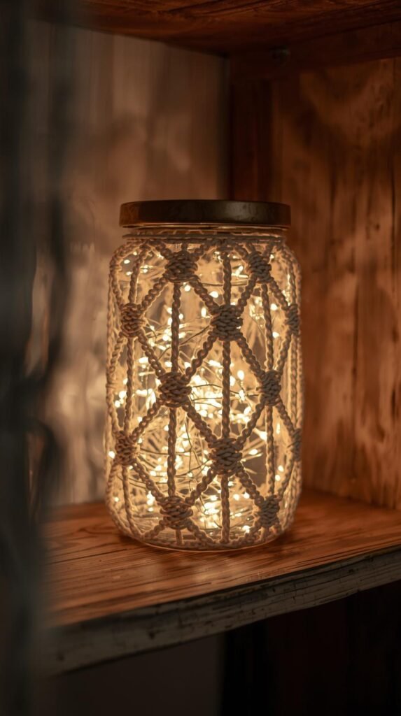 Glass jar wrapped in macrame cord with warm fairy lights glowing inside.