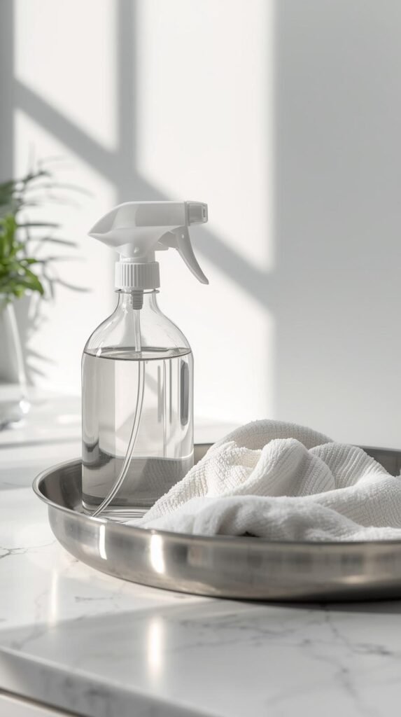 Glass spray bottle filled with clear vinegar solution, microfiber cloth next to a shiny stainless steel pan.