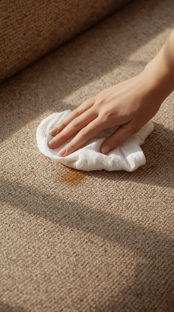 Hand blotting a stain on a fabric couch with a white cloth, gentle cleaning motion.
