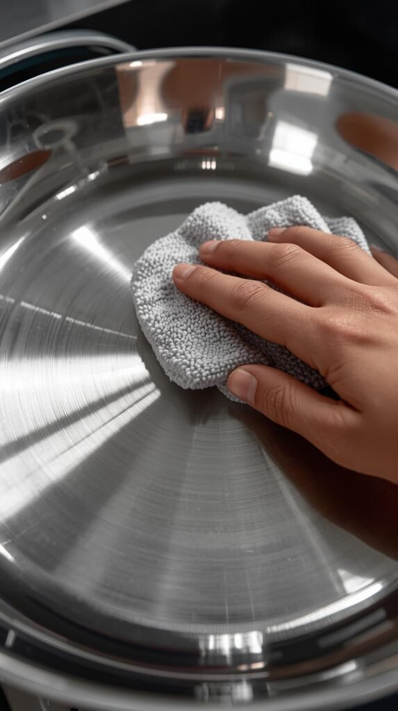 Hand buffing a stainless steel pan with a microfiber polishing cloth, high shine and subtle reflections on metal surface