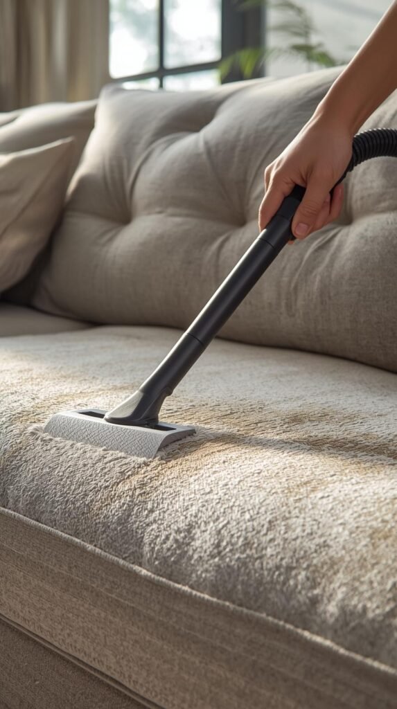 Hand using a portable upholstery cleaner on a fabric couch, visible extraction lines, satisfying clean effect.