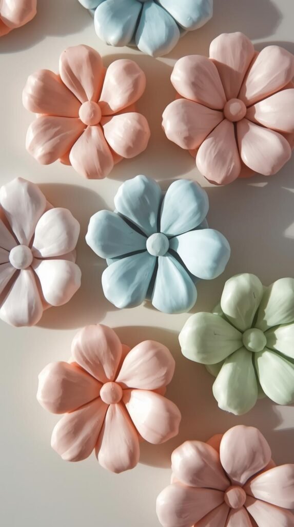 Handmade clay flower magnets in soft pastel colors, displayed on a neutral fridge surface or magnetic board.