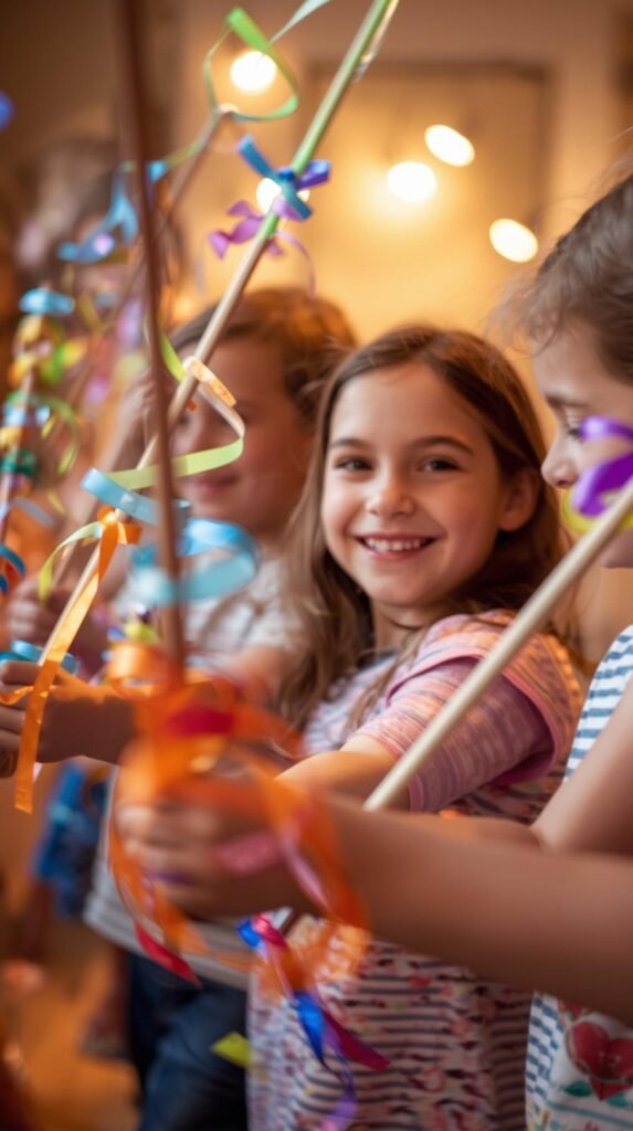 Handmade ribbon wands with colorful curling ribbons attached to wooden dowels, kids playing and twirling.