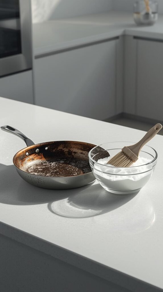 Heavily burnt stainless steel pan next to bowl of baking soda and vinegar mixture, scrub brush ready.