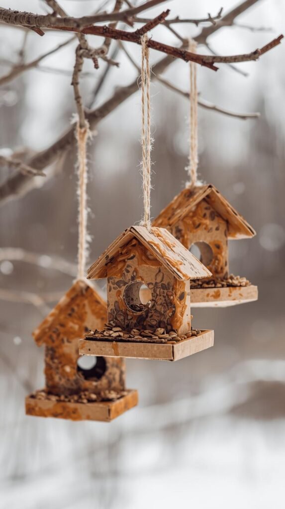 Homemade bird feeders made from cardboard shapes coated in peanut butter and birdseed, hanging from a tree branch outdoors.