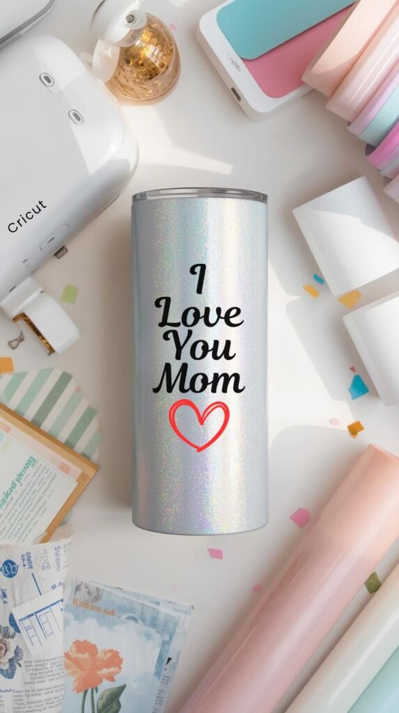 Aesthetic close up of a custom vinyl name tumbler in holographic or pastel vinyl.