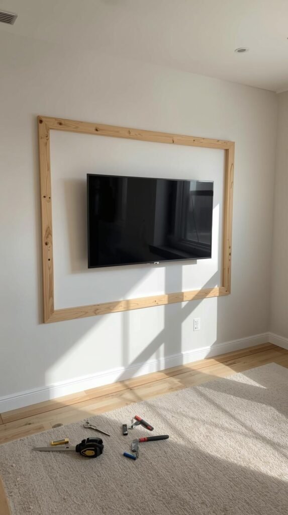 In-progress DIY TV frame installation, trim pieces dry-fitted around a mounted TV, tools nearby, clean modern living room.