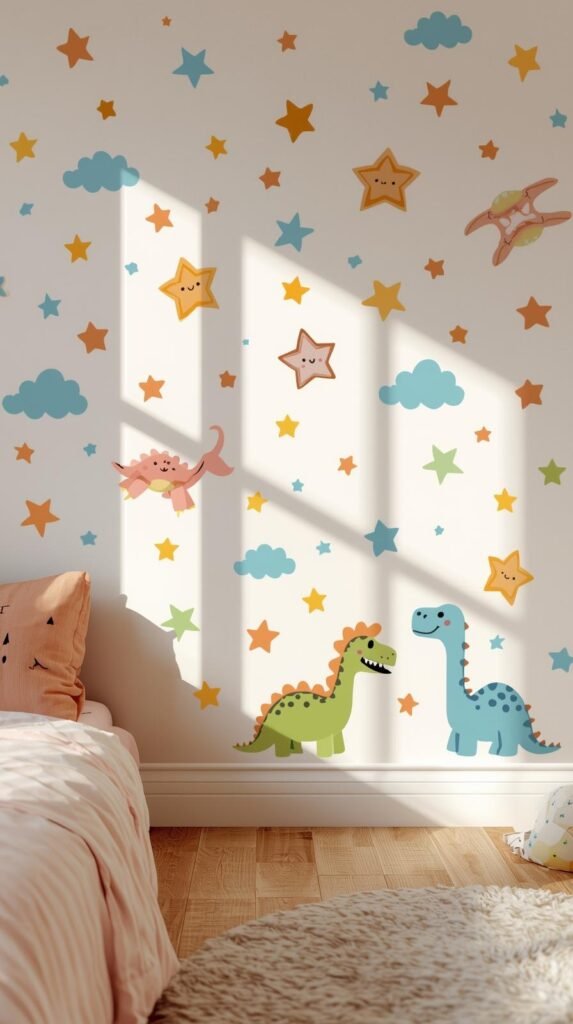 Kid’s bedroom wall decorated with removable vinyl decals like stars, clouds, or dinosaurs.
