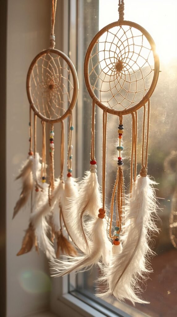 Kids’ dreamcatchers made with embroidery hoops, yarn webs, beads, and feathers, hanging near a sunny window, soft boho vibe.
