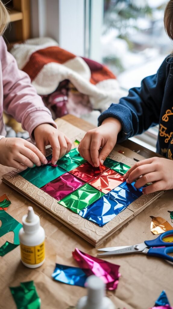 Kids’ hands creating a colorful collage using torn wrapping paper pieces, glue, scissors, and construction paper.