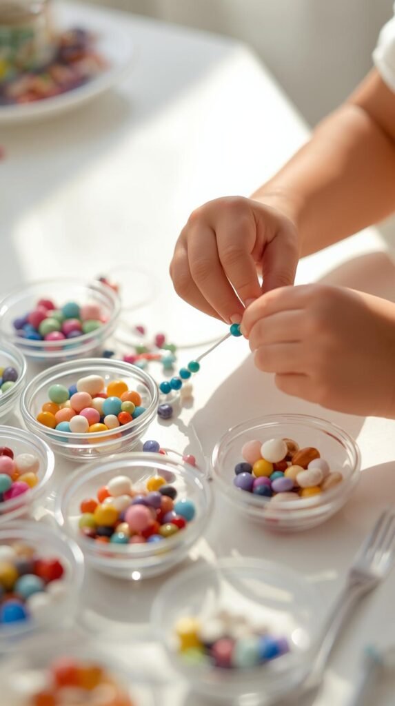 “Kid’s hands threading colorful beads onto elastic cord, assortment of pastel and rainbow beads in small bowls, bright daylight, soft focus background.”