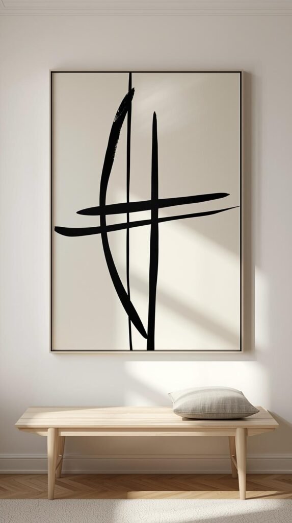 Large minimalist line art piece hanging on a wall in a modern apartment, thick black abstract lines on a creamy matte background.