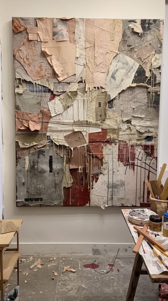 Large mixed-media collage art piece on the wall, layered torn paper, fabric scraps, and painted textures in a cohesive palette.