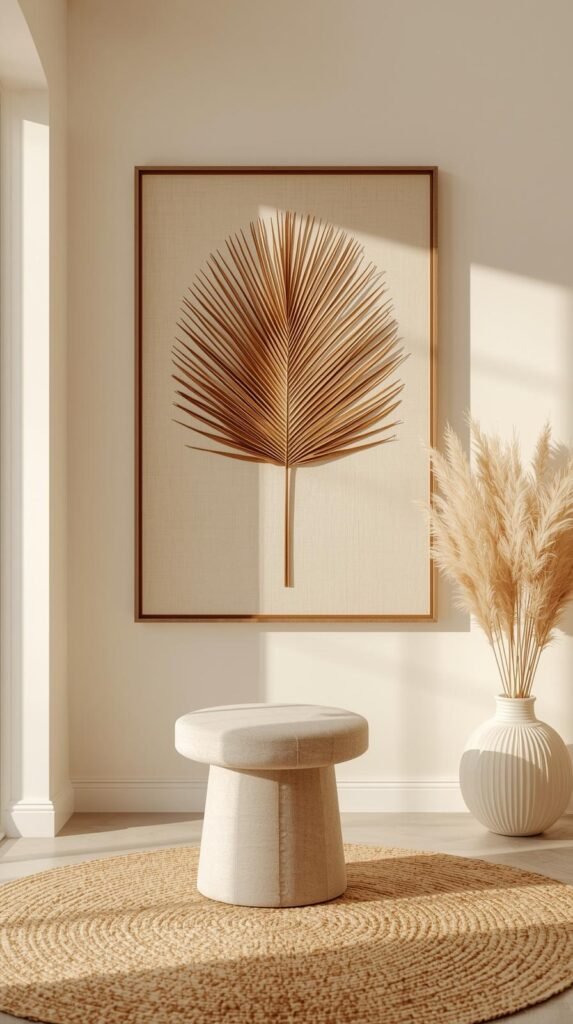 Large shadow box frame with a single oversized dried palm leaf (or fern) mounted on a light linen backing.
