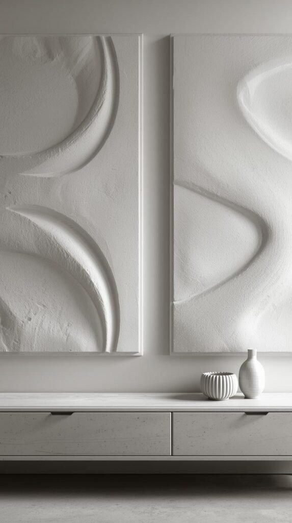 Large white textured plaster panels on a wall, raised curved patterns and subtle sculptural ridges, monochrome matte