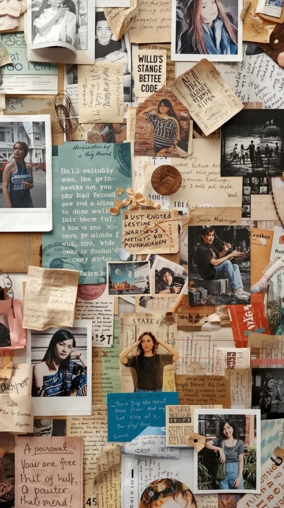 Layered collage wall filled with magazine tear-outs, photos, quotes, textured paper, washi tape, artistic and scrapbook-inspired layout, eclectic colors, cozy creative workspace backdrop, high-resolution detail.