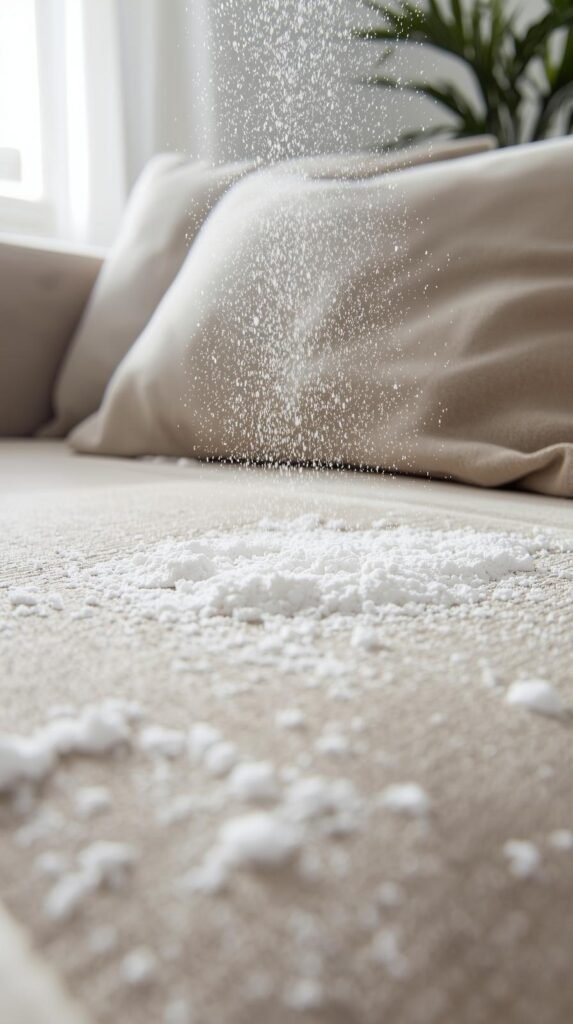 Baking soda sprinkled evenly across a couch cushion, natural daylight streaming in, clean neutral living room.