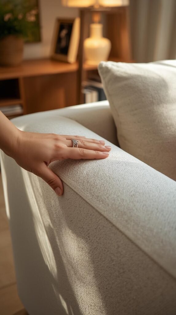 Light brushing the nap of a clean fabric couch or lightly steaming the surface, smooth restored texture, warm inviting lighting, organized modern home interior.