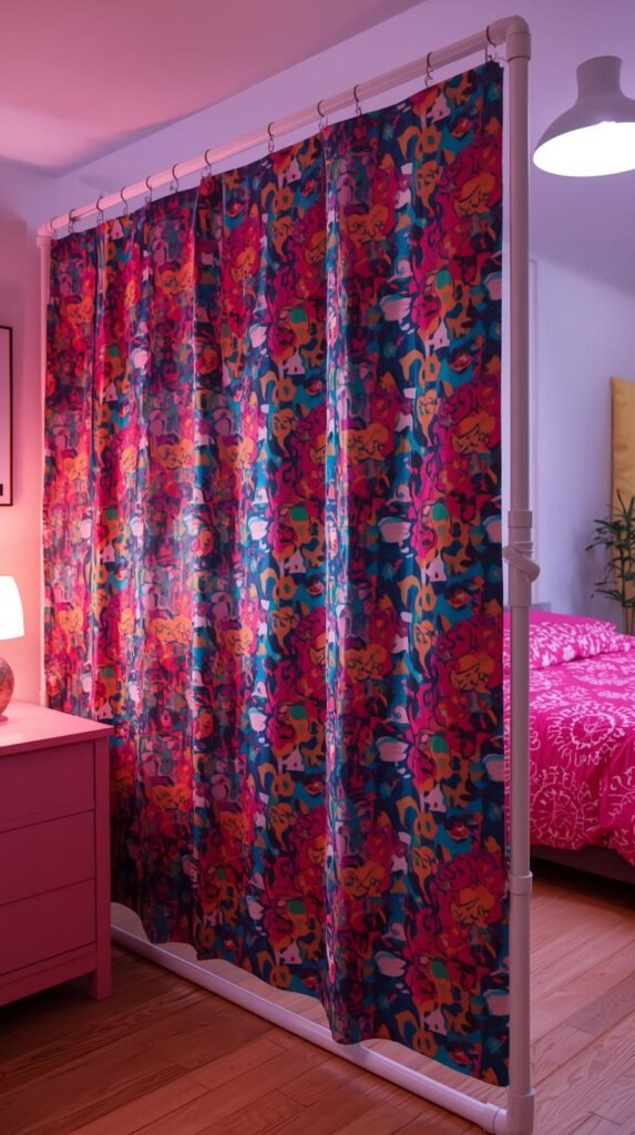 Lightweight PVC pipe privacy divider stretched with patterned fabric.