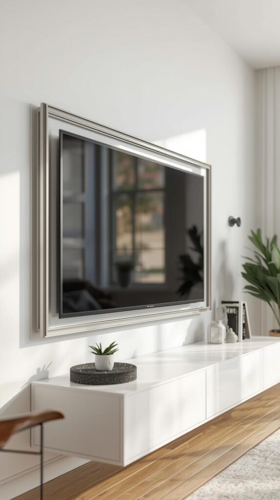 Lightweight TV frame attached around a wall-mounted TV using removable adhesive, minimalist apartment living room, neutral decor.