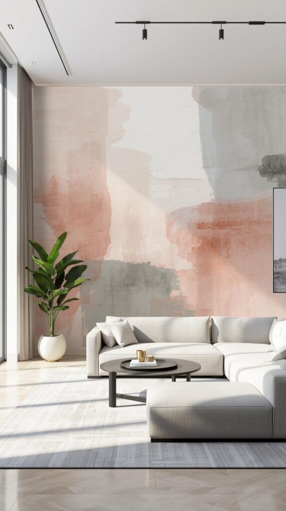 Living room with a peel and stick mural featuring soft watercolor abstract art.