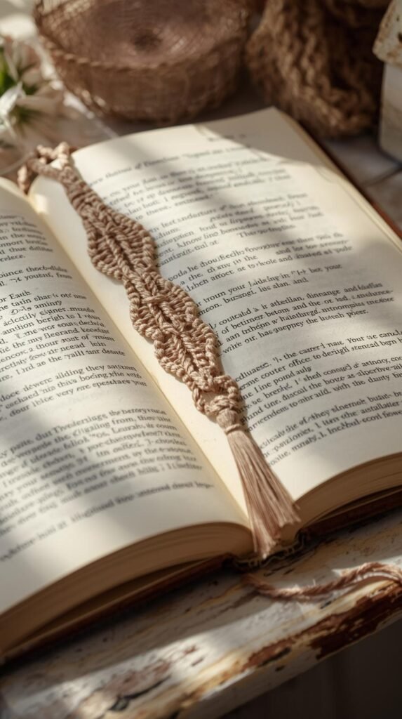 Macrame bookmark with tassel styled inside an open journal on a wooden desk