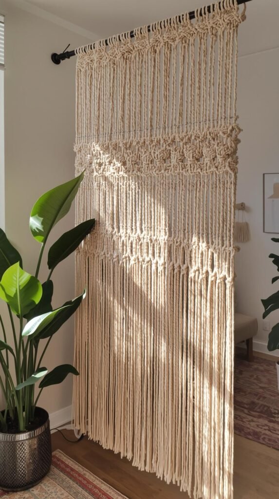 Macrame curtain divider hanging from a tension rod in a small studio, soft natural fringe.