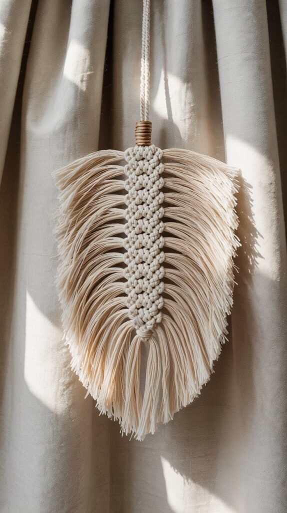 Macrame feather wall decor displayed on a flat neutral background, soft cotton fringe brushed out.